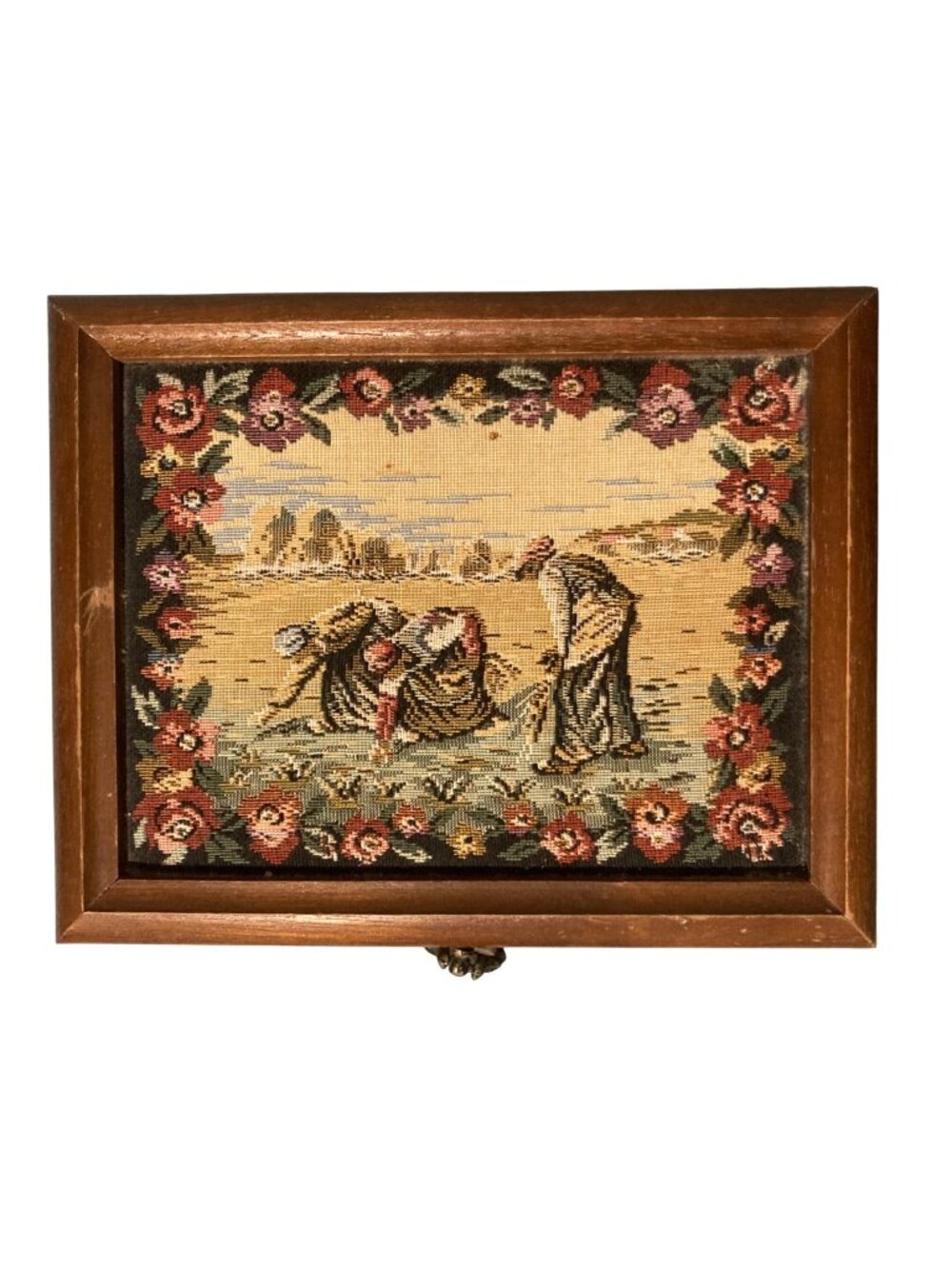 Vintage Wood And Tapestry Jewelry Box With "The Gleaners Scene"